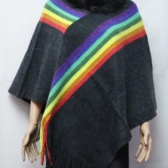Knit Stripes with Fur Trim Poncho - Picture 5 of 5